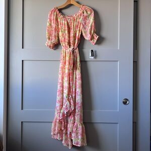 Bar III Maxi Dress Womens XS Pink Rose Punch Floral Off Shoulder Ruffle Belted